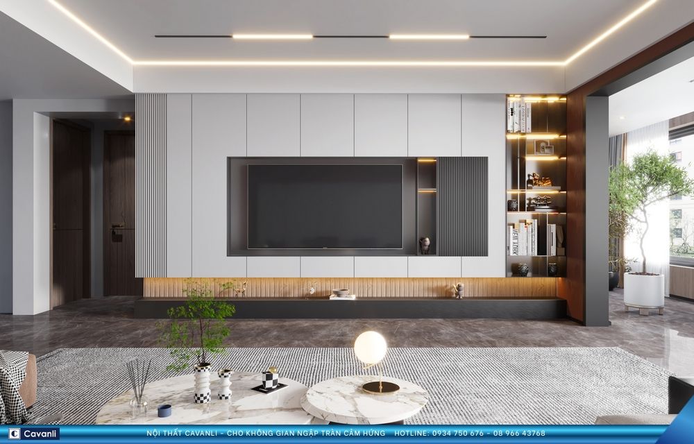Kỹ thuật sắp xếp Sofa và kệ Tivi cho phòng khách hẹp chuẩn kiến trúc